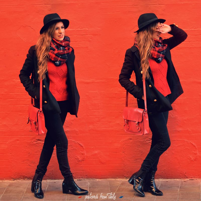 jersey rojo de oysho y vaqueros moteros negros con bufandaa cuadros y sombrero negro '