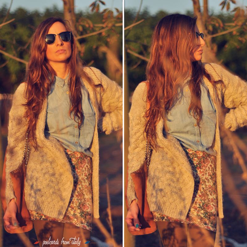 falda y camisa de jeans con botines y jersey de lana '
