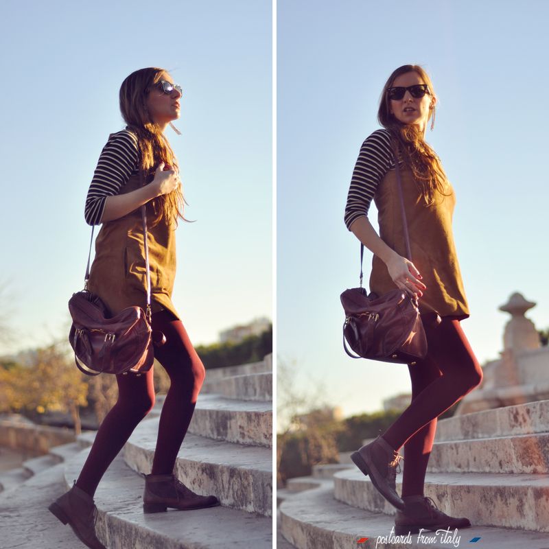 vestido de ante, camiseta de rayas y bluchers picados'