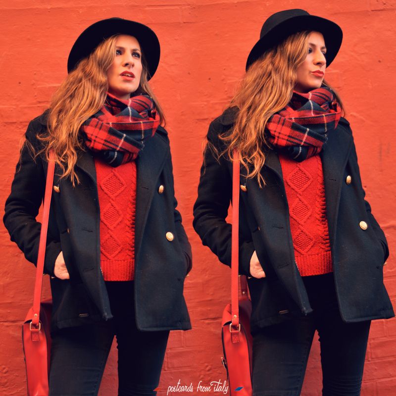 jersey rojo de oysho y vaqueros moteros negros con bufandaa cuadros y sombrero negro '