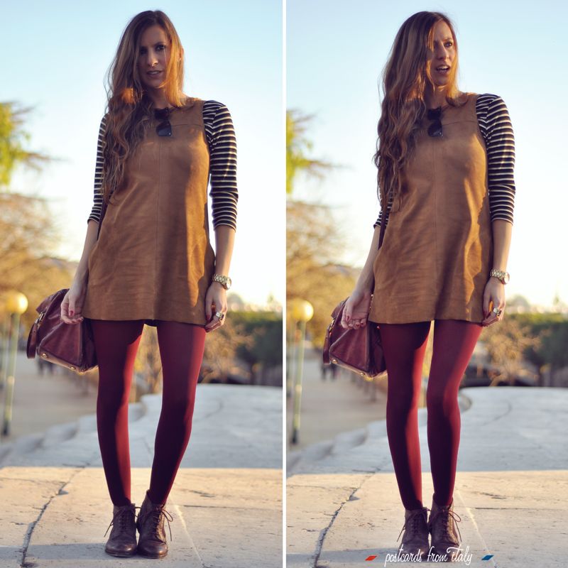 vestido de ante, camiseta de rayas y bluchers picados'