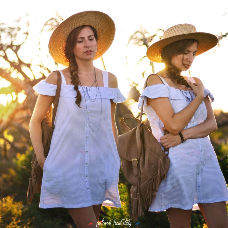 Outfit con vestido off the shoulder y canotier