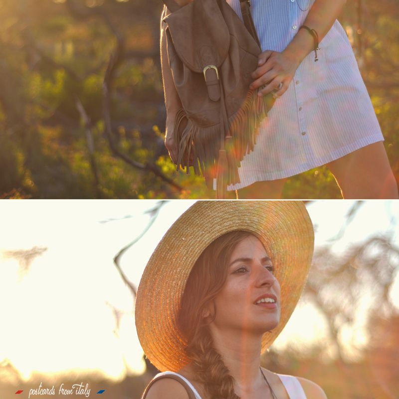 Outfit con vestido off the shoulder y canotier