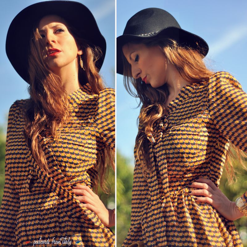 Vestido de Minueto modelo Sandra amarillo, sombrero y botas negras.'