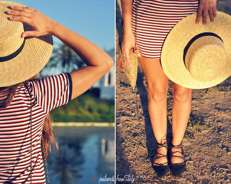 Outfit con vestido de rayas, pañuelo al cuello, sombrero canotier y lace up flats