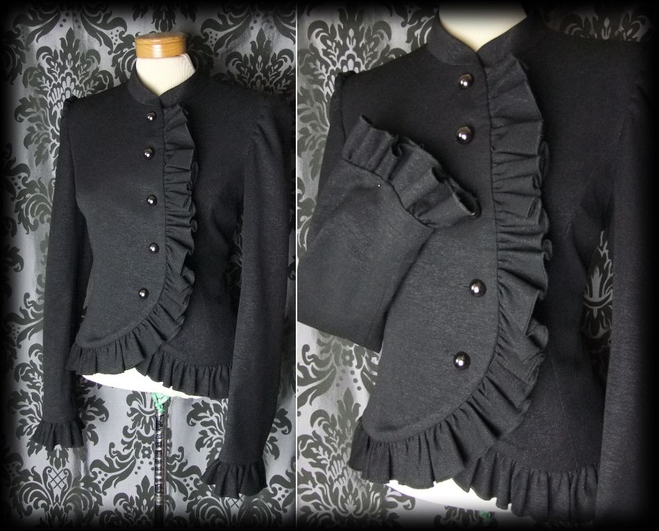 Gothic Black Frilled VICTORIAN High Neck Fitted Riding Jacket 12 14