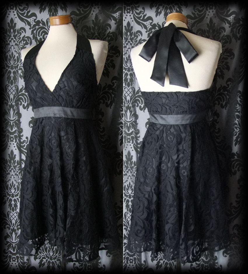 Goth Black Lace Fitted Lilith S Lover Ribbon Halter Dress 10 12 Vintage 40s 50s
