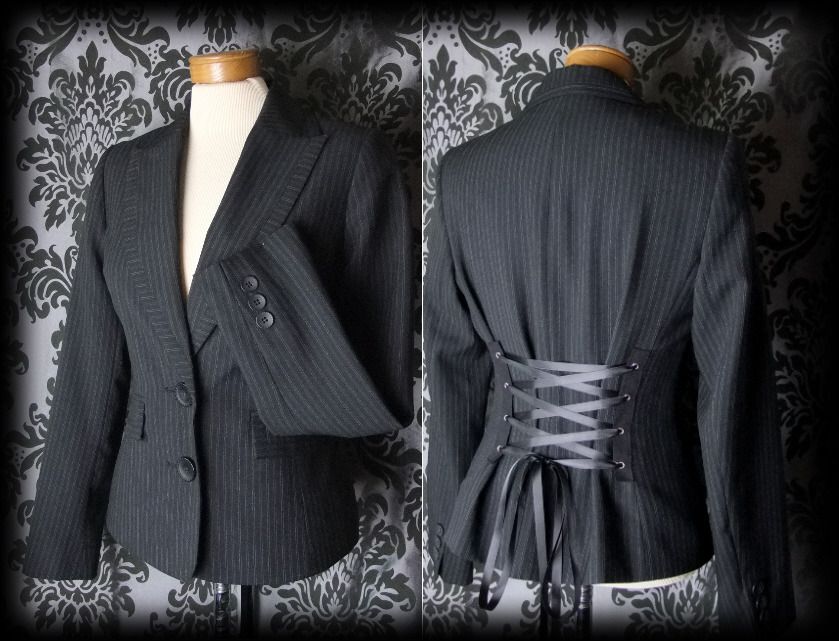 Goth Black Pinstripe Fitted SULLEN Lace Up Corset Jacket 8 10 Victorian