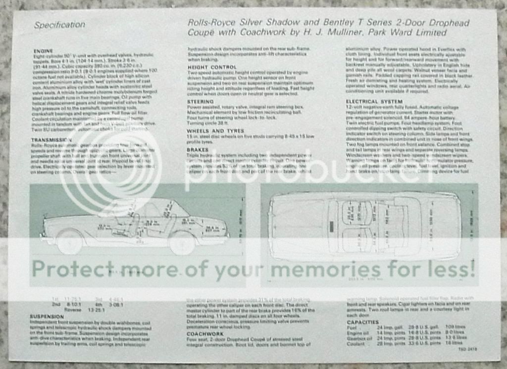 Rolls Royce Silver Shadow Convertible Sales Specification Sheet 1968 2418